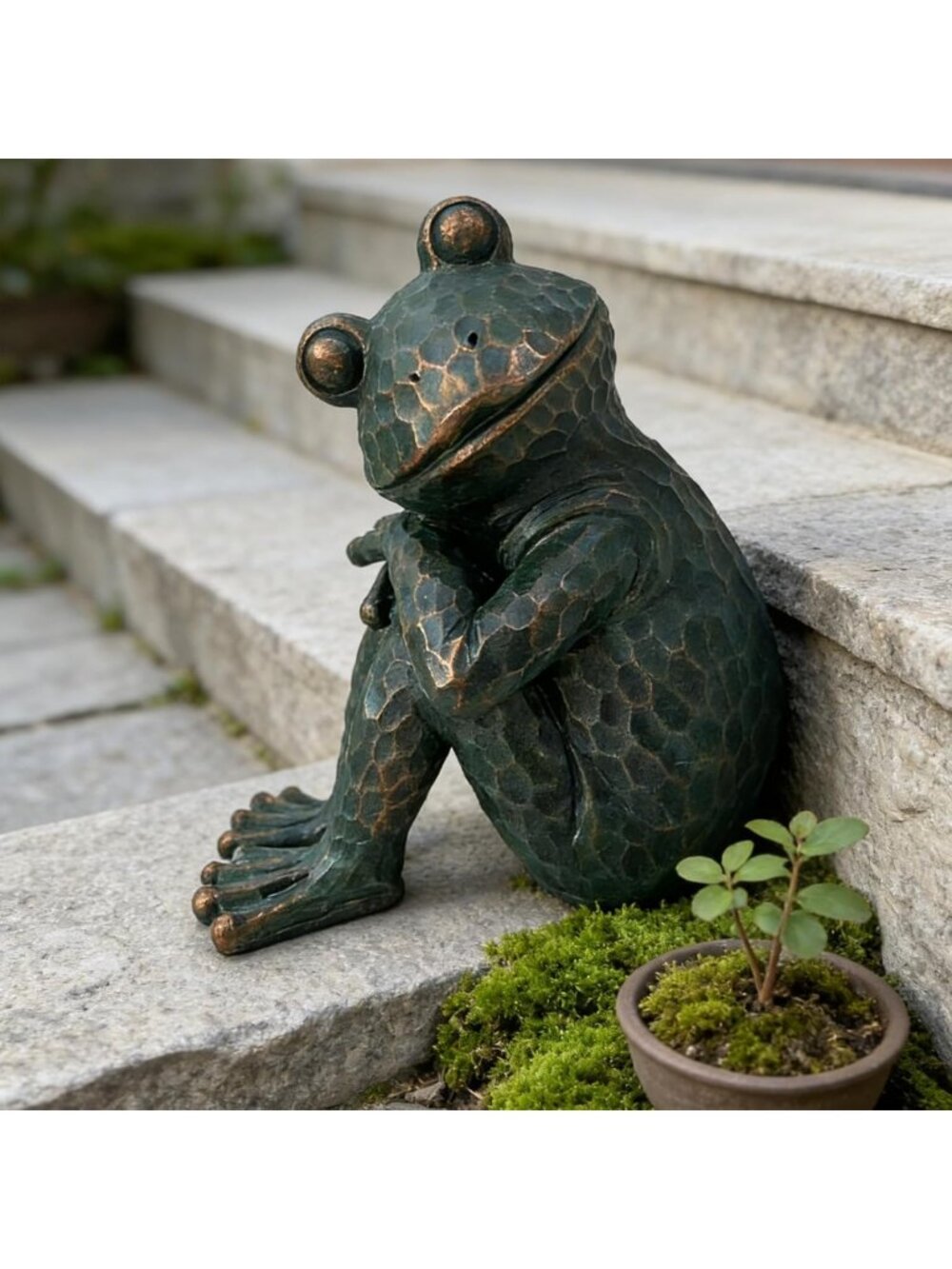 Vintage Meditating Frog Garden Statue - 9.8" Tall Verdigris Decor for Outdoor